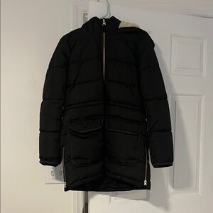 J. Crew Black Hooded Puffer Coat with Gold Zippers